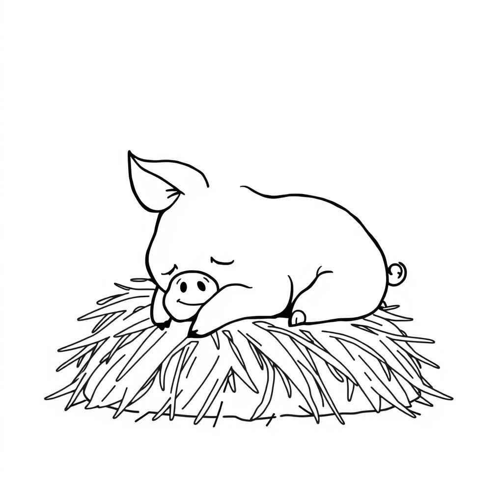 A simple black and white line drawing of a cute piggy resting contentedly on a pile of hay