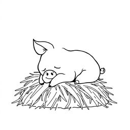 A simple black and white line drawing of a cute piggy resting contentedly on a pile of hay