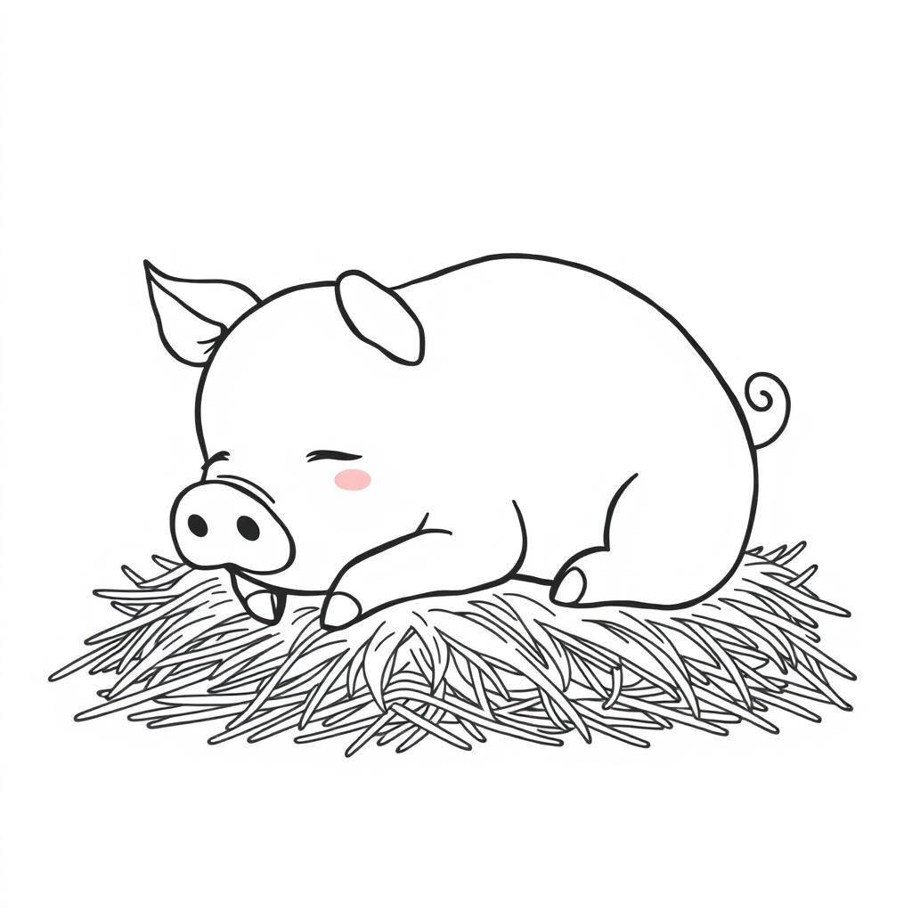 A simple black and white line drawing of a cute piggy resting contentedly on a pile of hay