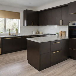 A modern kitchen featuring sleek dark wood cabinets and drawers adorned with elegant gold handles.