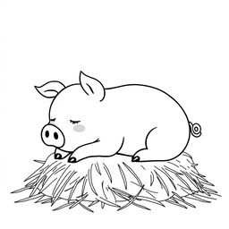 A simple black and white line drawing of a cute piggy resting contentedly on a pile of hay