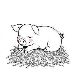 A simple black and white line drawing of a cute piggy resting contentedly on a pile of hay