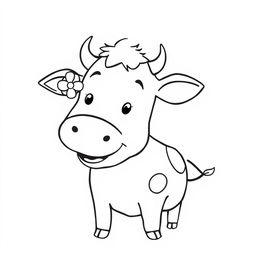 A simple black and white line drawing of a cheerful cow with a flower adorably stuck in its ear