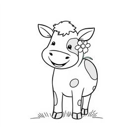 A simple black and white line drawing of a cheerful cow with a flower adorably stuck in its ear