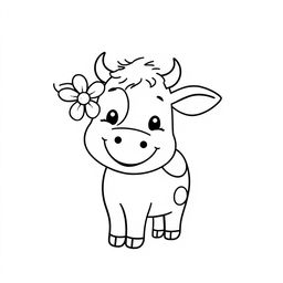 A simple black and white line drawing of a cheerful cow with a flower adorably stuck in its ear