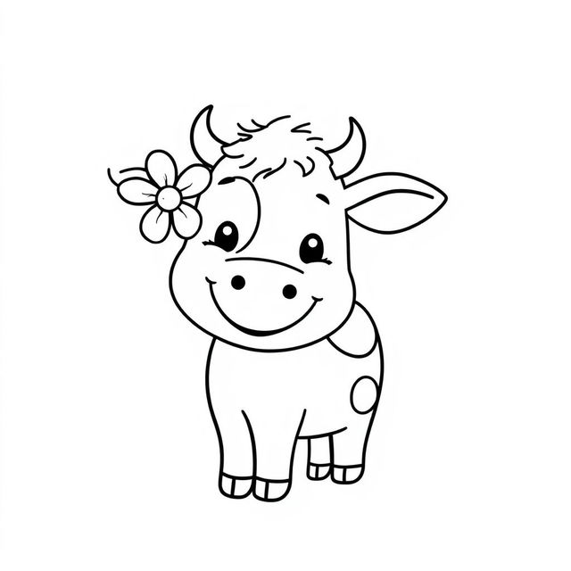 A simple black and white line drawing of a cheerful cow with a flower adorably stuck in its ear