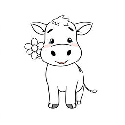 A simple black and white line drawing of a cheerful cow with a flower adorably stuck in its ear