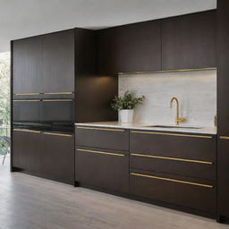 A modern kitchen featuring sleek dark wood cabinets and drawers adorned with elegant gold handles.