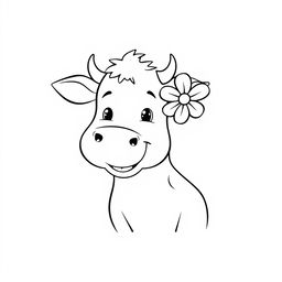 A simple black and white line drawing of a cheerful cow with a flower tucked playfully in its ear