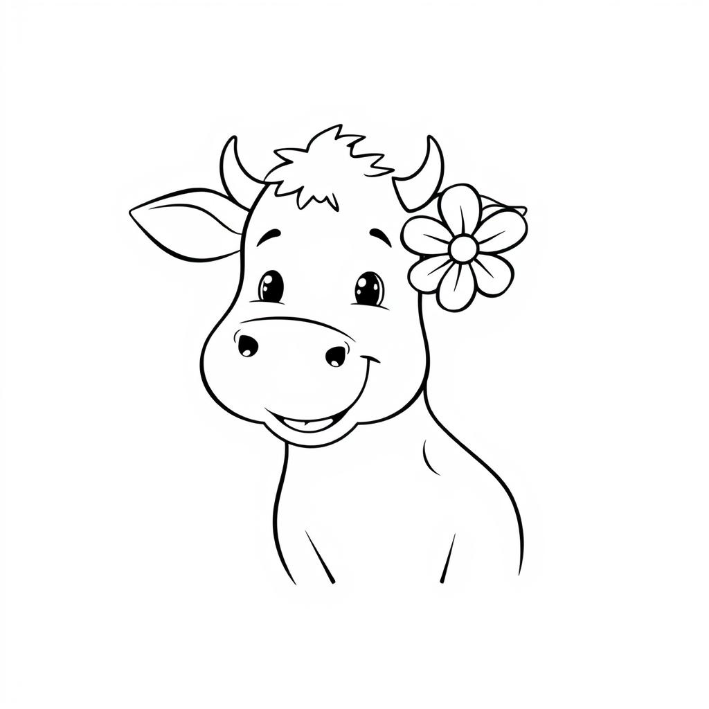 A simple black and white line drawing of a cheerful cow with a flower tucked playfully in its ear
