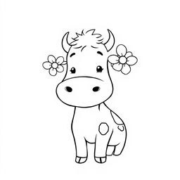 A simple black and white line drawing of a cheerful cow with a flower tucked playfully in its ear