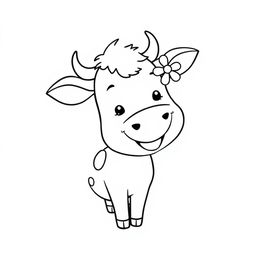 A simple black and white line drawing of a cheerful cow with a flower tucked playfully in its ear