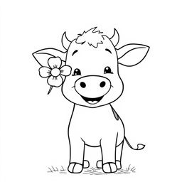 A simple black and white line drawing of a cheerful cow with a flower tucked playfully in its ear