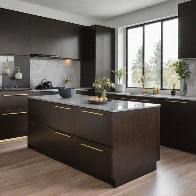 A modern kitchen featuring sleek dark wood cabinets and drawers adorned with elegant gold handles.