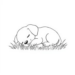 A simple black and white line drawing of an adorable puppy taking a nap in the grass