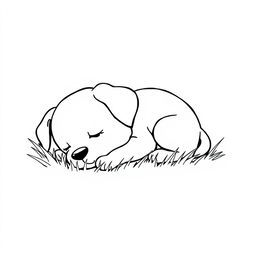 A simple black and white line drawing of an adorable puppy taking a nap in the grass