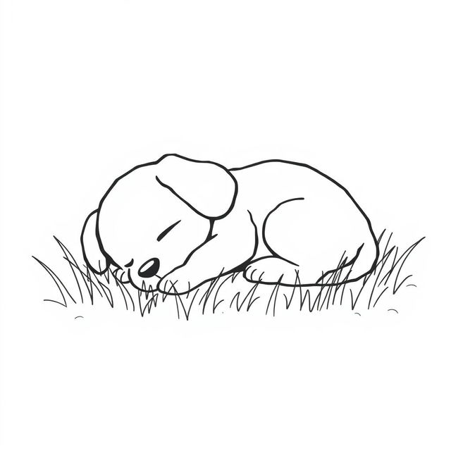 A simple black and white line drawing of an adorable puppy taking a nap in the grass