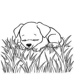 A simple black and white line drawing of an adorable puppy taking a nap in the grass