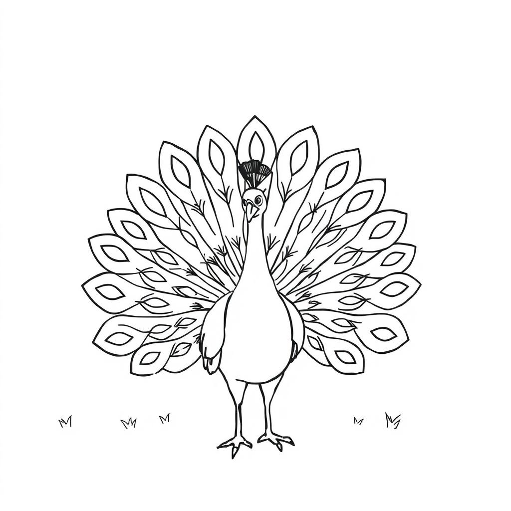 A simple black and white line drawing of a peacock gracefully displaying its feathers in the middle of a yard