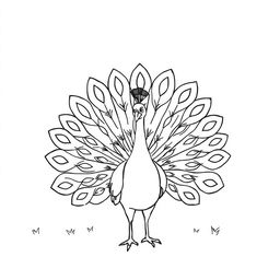 A simple black and white line drawing of a peacock gracefully displaying its feathers in the middle of a yard