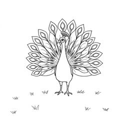 A simple black and white line drawing of a peacock gracefully displaying its feathers in the middle of a yard