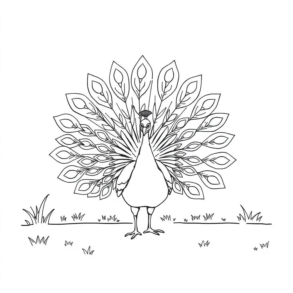 A simple black and white line drawing of a peacock gracefully displaying its feathers in the middle of a yard