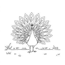 A simple black and white line drawing of a peacock gracefully displaying its feathers in the middle of a yard