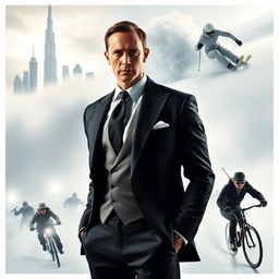 A sophisticated man resembling James Bond, wearing an elegant suit, stands confidently at the forefront