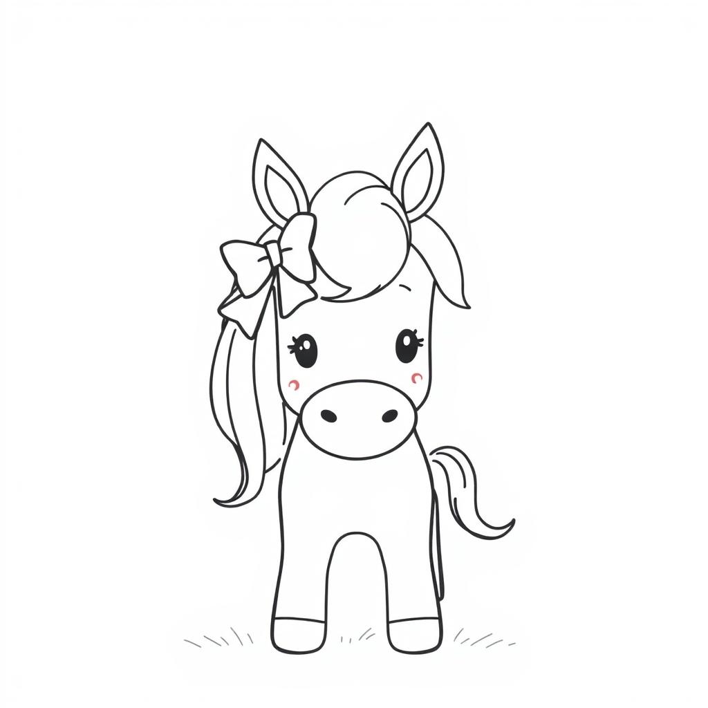 A simple black and white line drawing of a cute horse with a charming bow in its mane