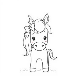 A simple black and white line drawing of a cute horse with a charming bow in its mane