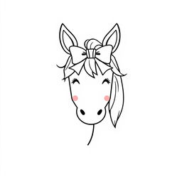 A simple black and white line drawing of a cute horse with a charming bow in its mane