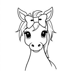 A simple black and white line drawing of a cute horse with a charming bow in its mane