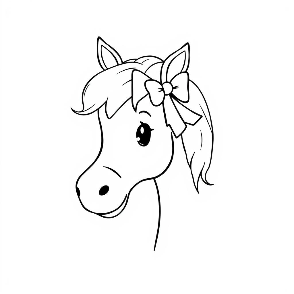 A simple black and white line drawing of a cute horse with a charming bow in its mane