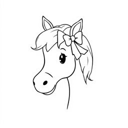 A simple black and white line drawing of a cute horse with a charming bow in its mane