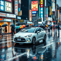 A white Citroen Saxo VTS driving through the streets of Tokyo on a rainy day