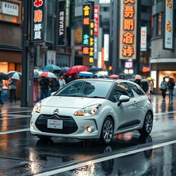 A white Citroen Saxo VTS driving through the streets of Tokyo on a rainy day