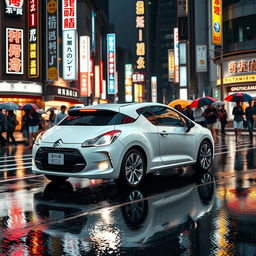 A white Citroen Saxo VTS driving through the streets of Tokyo on a rainy day