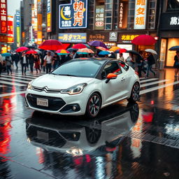 A white Citroen Saxo VTS driving through the streets of Tokyo on a rainy day