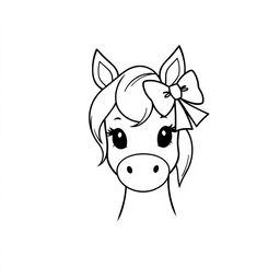 A simple black and white line drawing of a cute horse adorned with a lovely bow in its mane