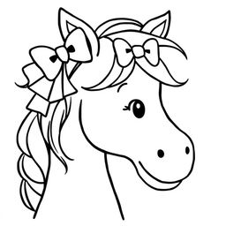 A simple black and white line drawing of a cute horse adorned with a lovely bow in its mane