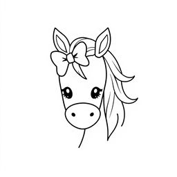 A simple black and white line drawing of a cute horse adorned with a lovely bow in its mane