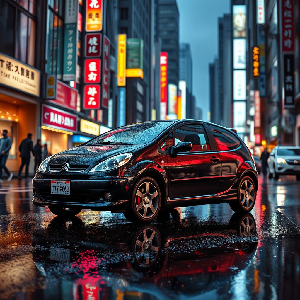 A Citroen Saxo VTS 2001 model parked on a rainy street in Tokyo