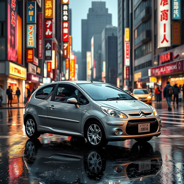 A Citroen Saxo VTS 2001 model parked on a rainy street in Tokyo