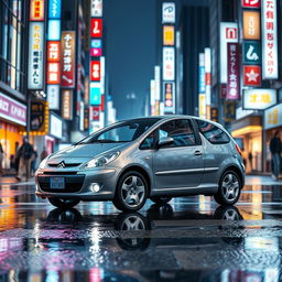 A Citroen Saxo VTS 2001 model parked on a rainy street in Tokyo