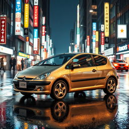 A Citroen Saxo VTS 2001 model parked on a rainy street in Tokyo