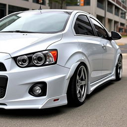 A white Chevrolet Sonic sedan, heavily customized with tuning modifications