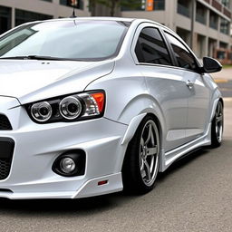 A white Chevrolet Sonic sedan, heavily customized with tuning modifications