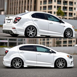 A white Chevrolet Sonic sedan, heavily customized with tuning modifications