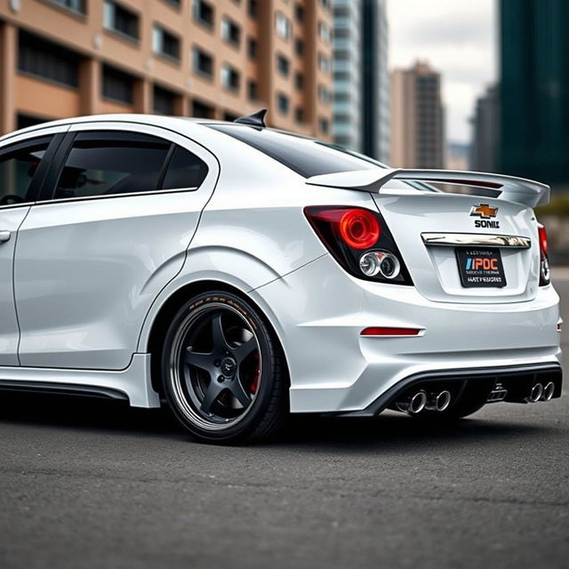 A white Chevrolet Sonic sedan, heavily customized with tuning modifications