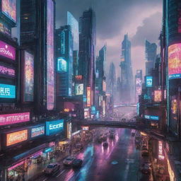 A dynamic and sprawling cyberpunk city brimming with towering neon-lit skyscrapers, holographic billboards, digital networks intertwining with physical infrastructure, and flying cars zipping through air lanes. The atmosphere is charged with electronic hum and vibrant energy echoed in every corner.